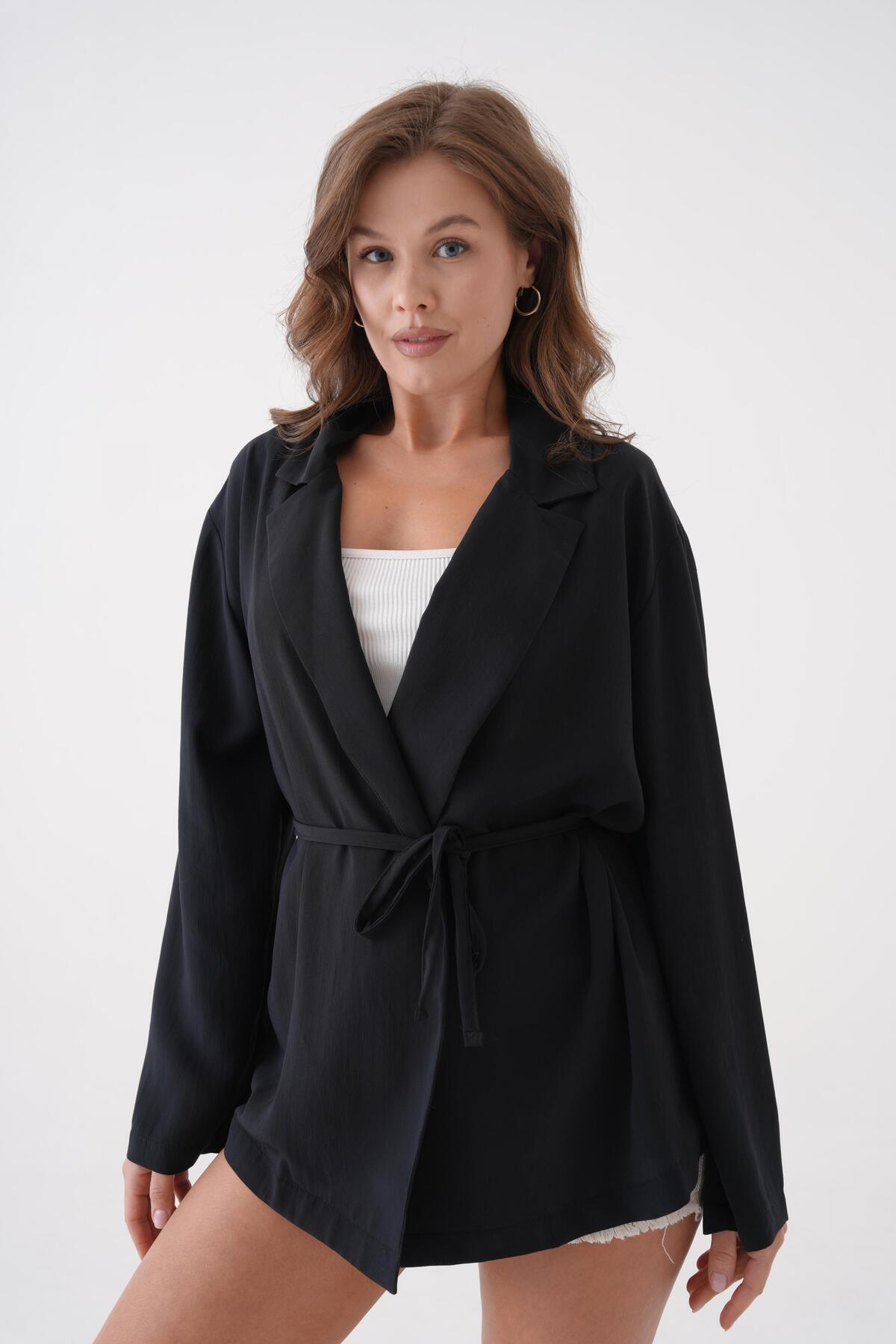 minaaise-Women's Black Lace Detailed Unlined Modal Jacket 29081 7