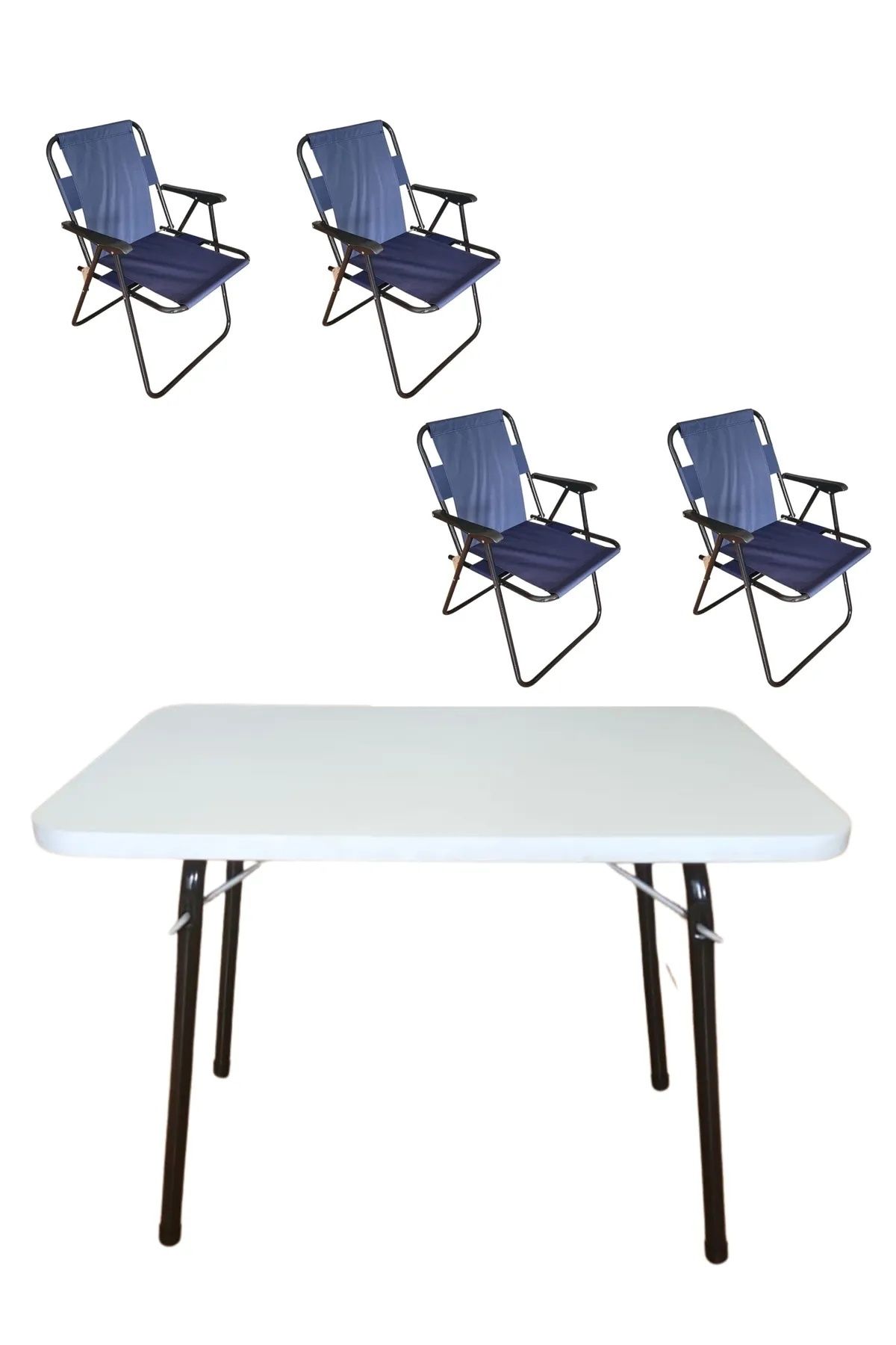 ELİOSA 4 Adet Plastik Kollu Lacivert Kamp Sandalyesi Katlanır Masa 1 Adet 60x45 Cm