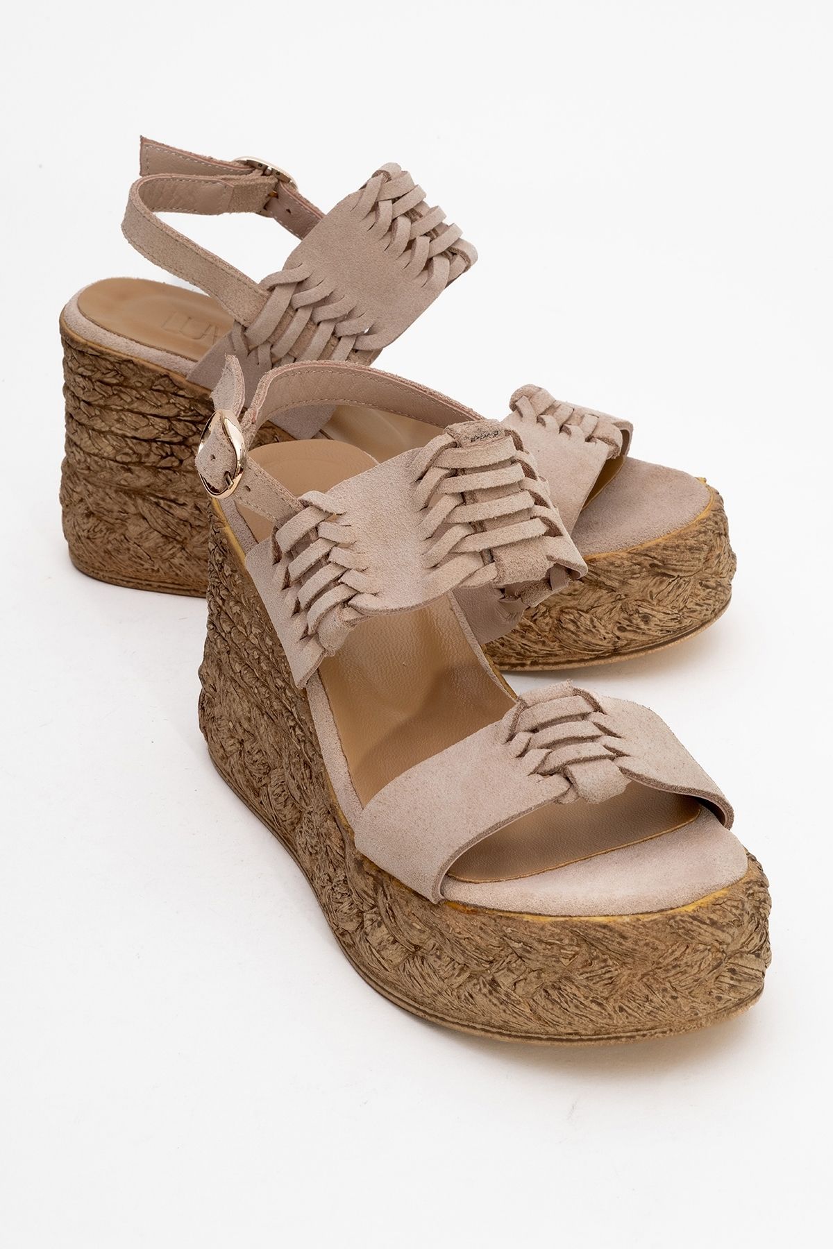 کفش پاشنه بلوکی زنانه OLIEN BEIGE SUEDE چرمی SANDALS دار را پر می کند luvishoes