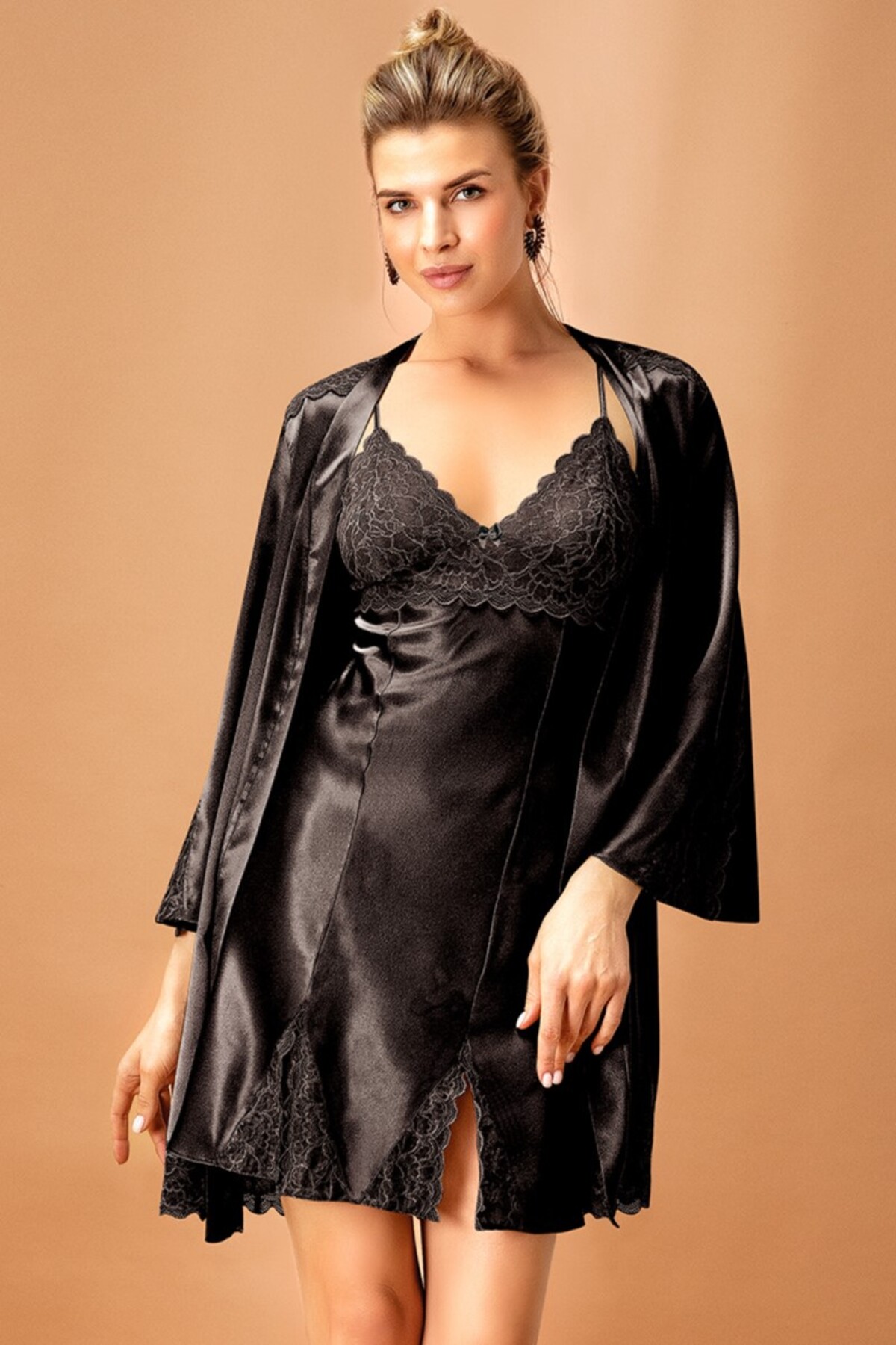 Nurteks Intimo Donna Allora İpeksi Saten Gecelik ve Kiomono İkili Takım