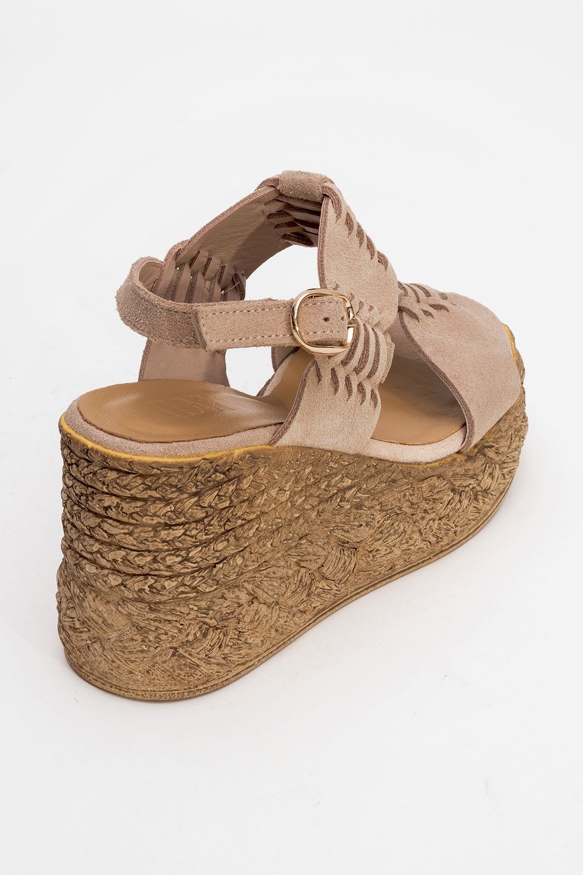 کفش پاشنه بلوکی زنانه OLIEN BEIGE SUEDE چرمی SANDALS دار را پر می کند luvishoes