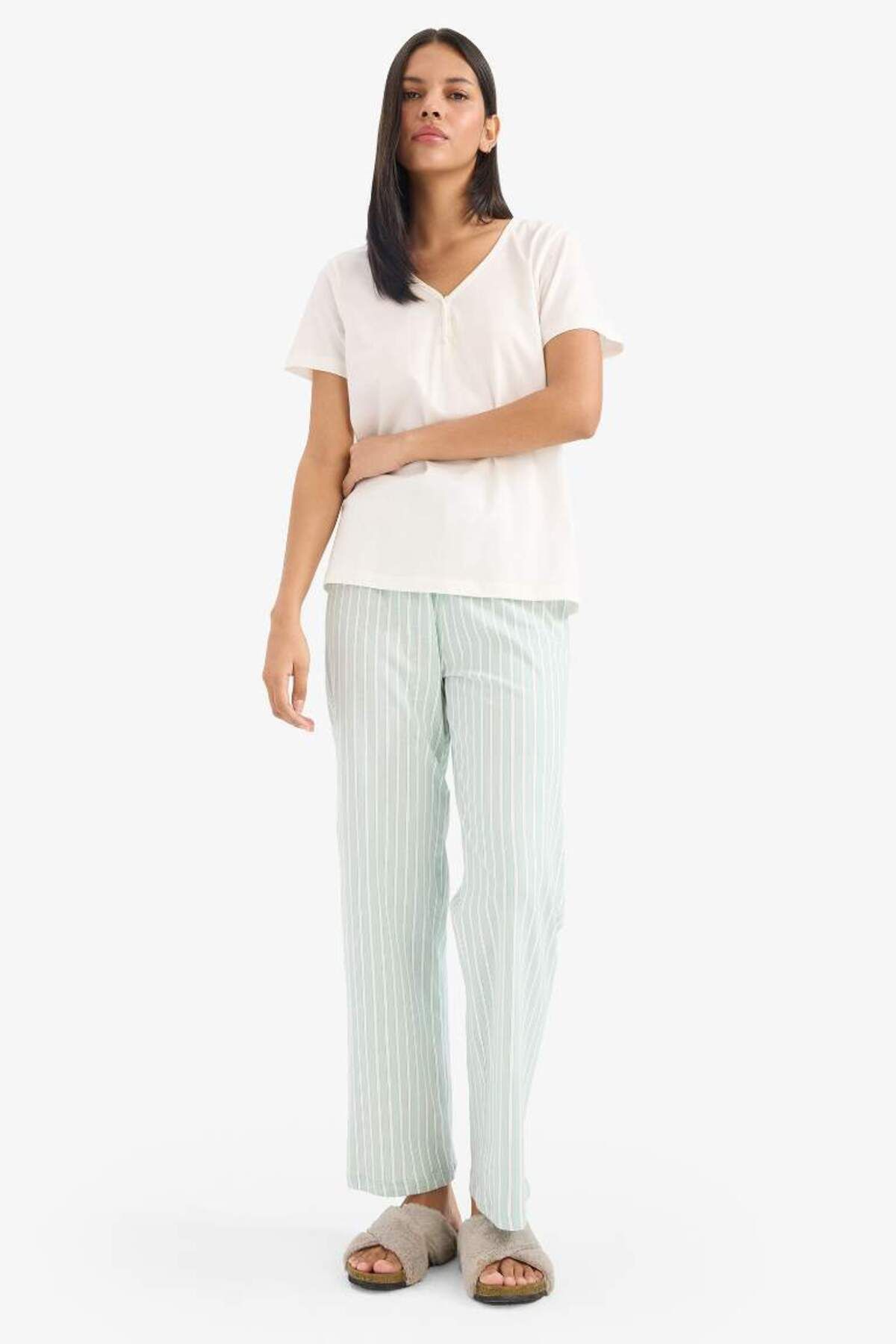 DeFacto-Pajama Sets Short-Sleeve Top Flexible Waisted Long Bottom-Fall in Love E4823Ax25Sp 2