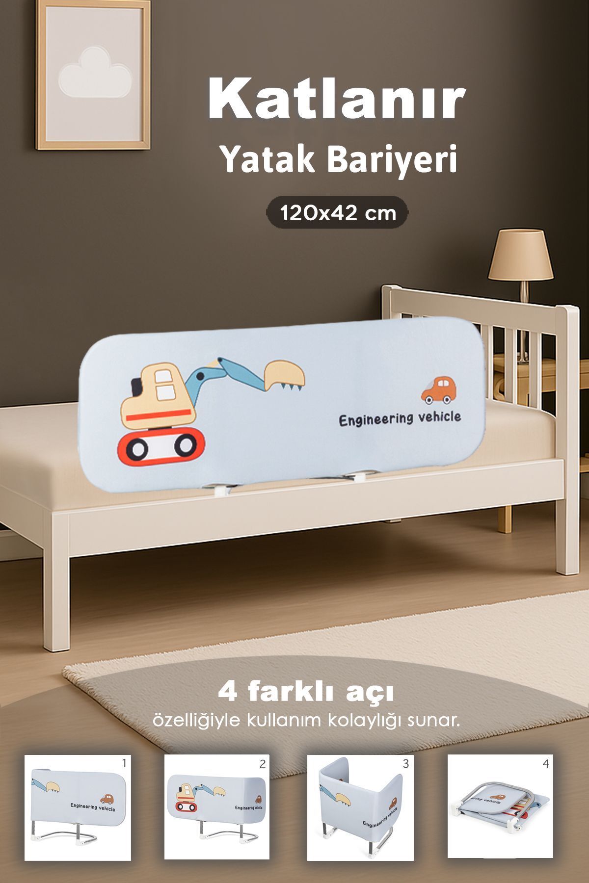 120x42 cm Katlanır Bebek Yatak Bariyeri - Araba Desenli Koruyucu Baza Korkuluğu Güvenlik Bariyeri