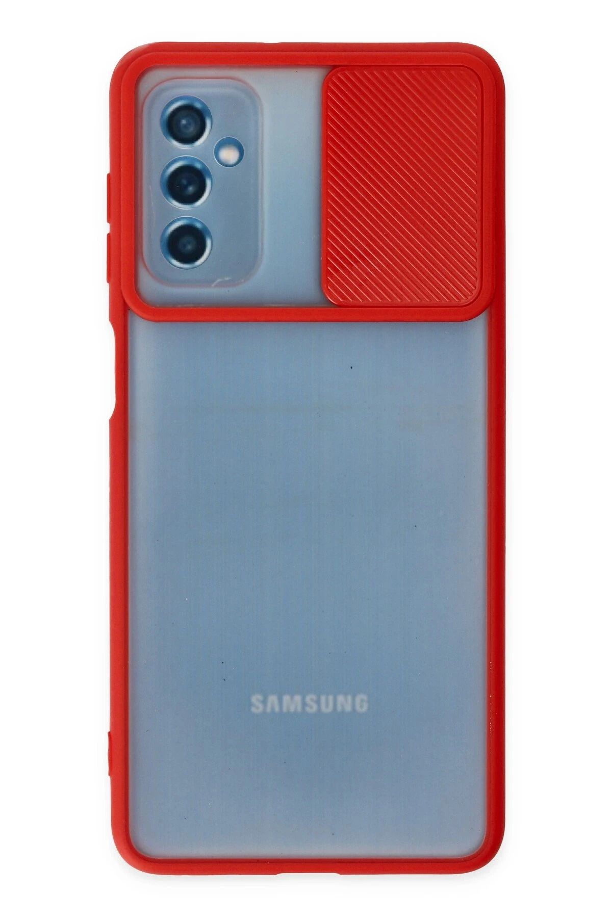 NewFace Samsung Galaxy M52 5G Kılıf Palm Buzlu Kamera Sürgülü Silikon - Kırmızı JOJUA