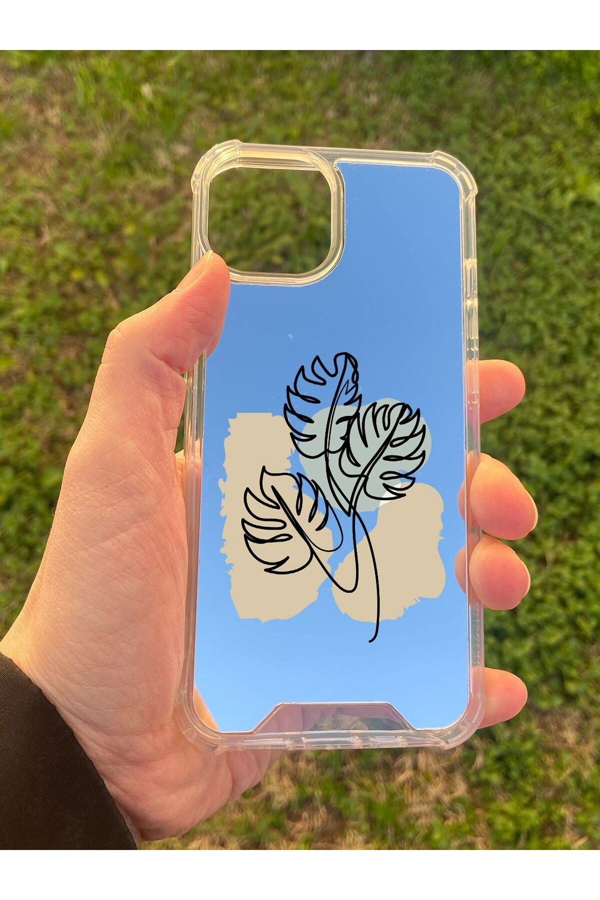 blueb İphone 15 Uyumlu Aynalı Monstera Desenli Darbe Kamera Korumalı Silikon Telefon Kılıfı