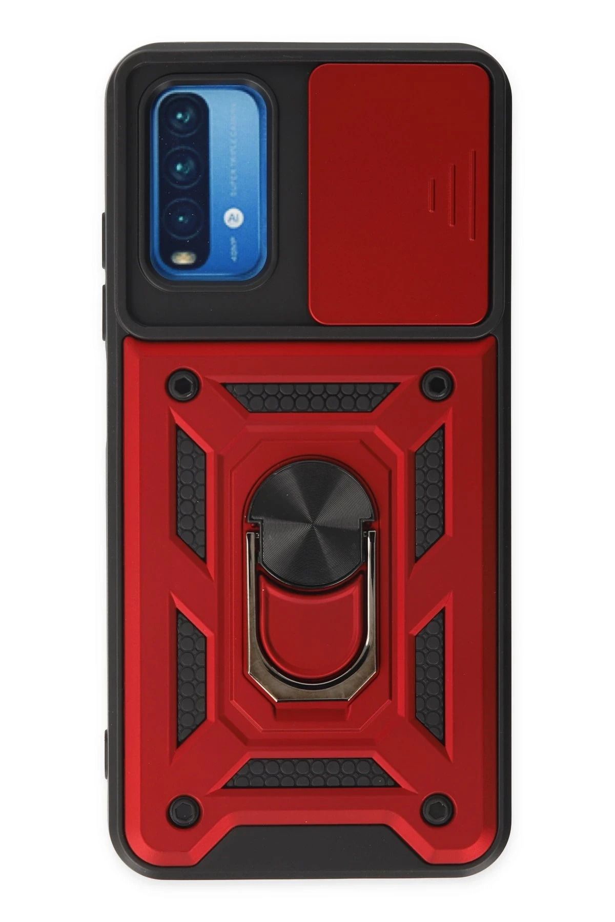 NewFace Xiaomi Redmi Note 9 4G Kılıf Pars Lens Yüzüklü Silikon - Kırmızı FERRG