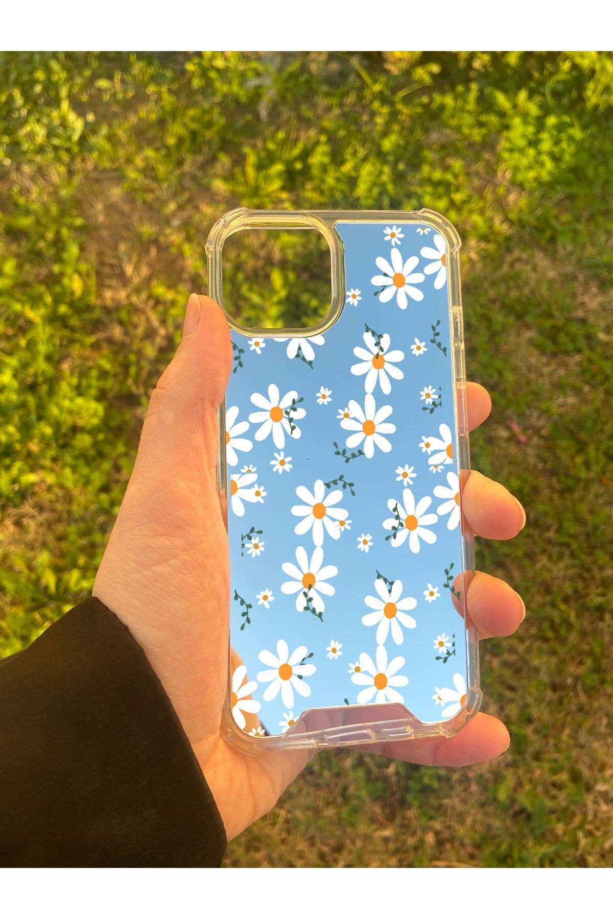 blueb İphone 13 Uyumlu Aynalı Papatya Desenli Darbe Kamera Korumalı Silikon Telefon Kılıfı