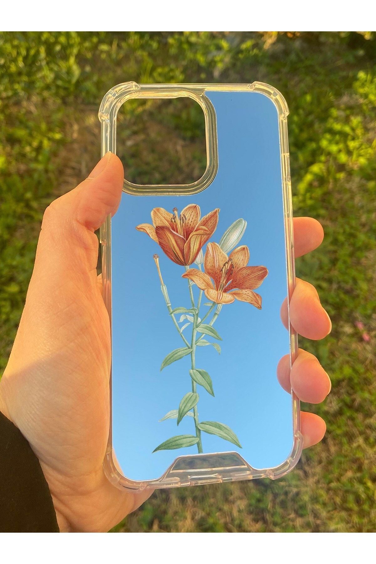 blueb İphone 13 Pro Uyumlu Aynalı Turuncu Lale Desenli Darbe Kamera Korumalı Silikon Telefon Kılıfı