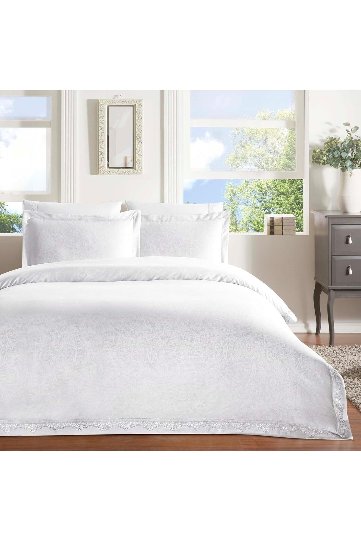 LUXE Blanca Desenli%100 Pamuk Nevresim Takımı, Beyaz, Çift Kişilik LXSHP 1055529