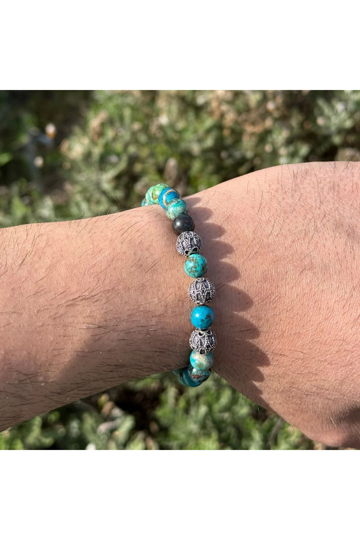 Sırlı Taş Krizokol, Gümüş Bileklik - Azulla Mix Green Bileklik - 8mm Esnek Bileklik