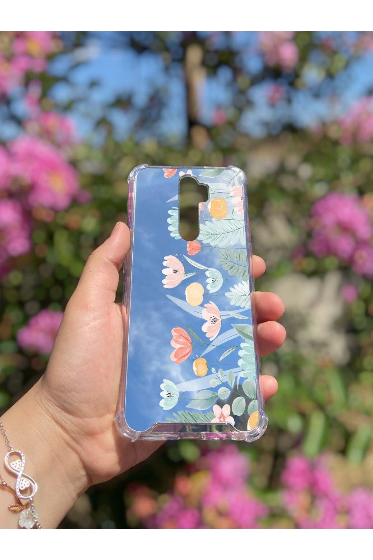blueb Oppo A5 2020 Uyumlu Aynalı Renkli Lale Desenli Darbe Kamera Korumalı Silikon Telefon Kılıfı
