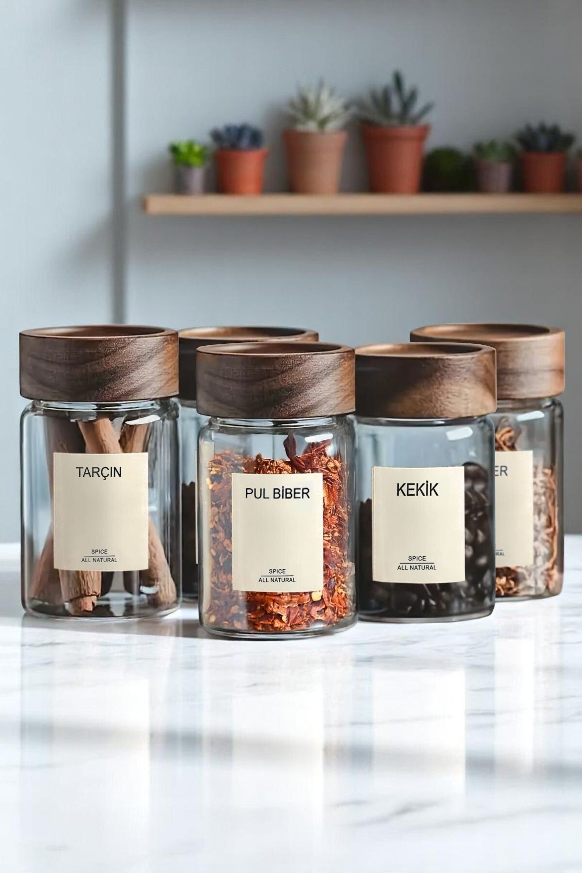 Mirilliahome 6'lı Akasya Kapaklı Borosilikat Cam Baharatlık Takımı – 240 ml