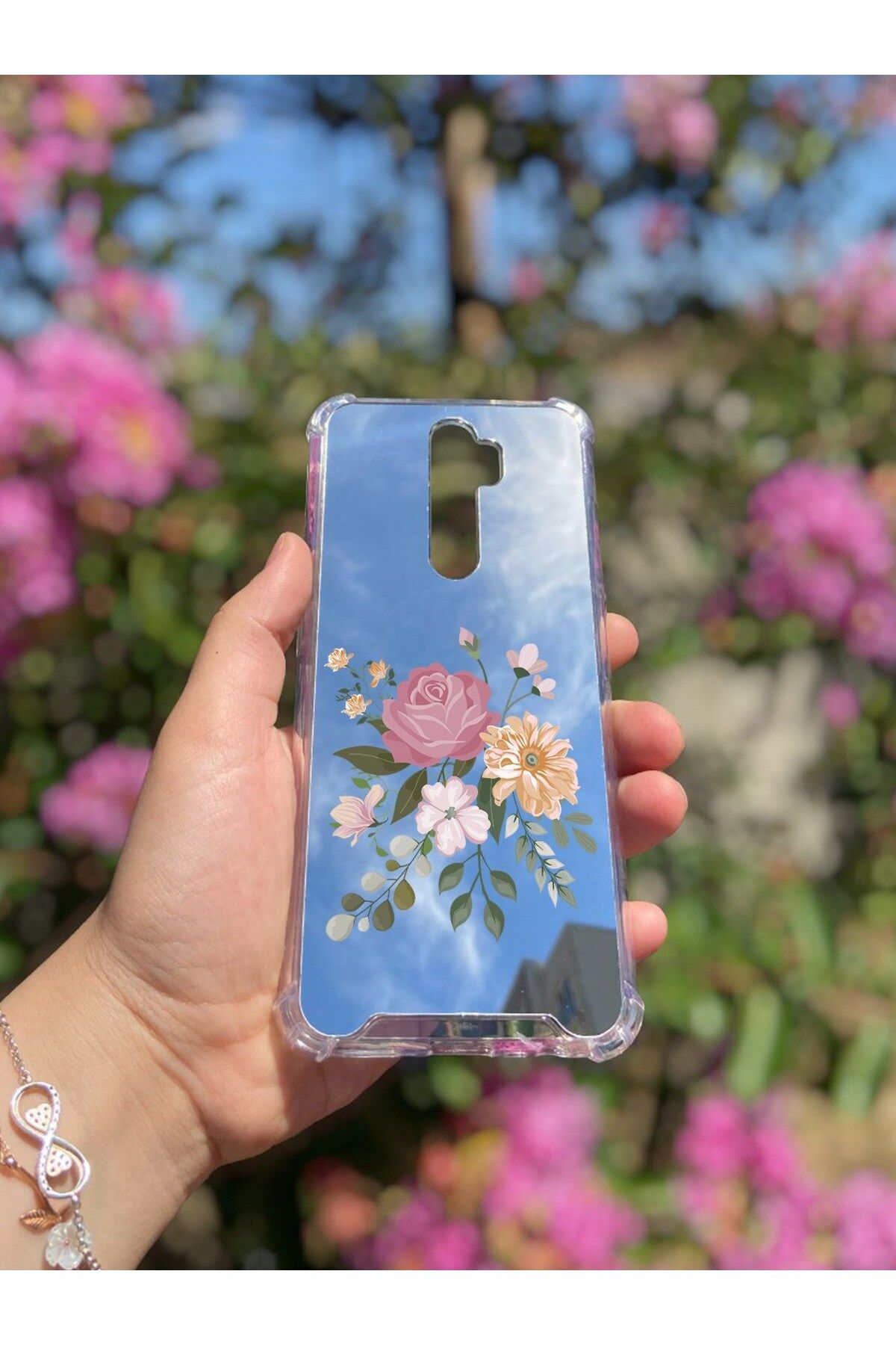 blueb Oppo A9 2020 Uyumlu Aynalı Pembe Gül Desenli Darbe Kamera Korumalı Silikon Telefon Kılıfı