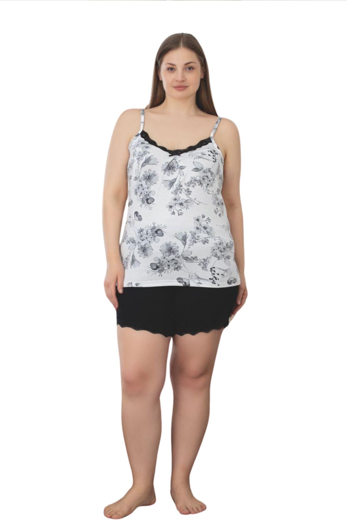 Farya Home-Plus Size Lycra Viscose Lace Patterned Suspender Shorts Set 3