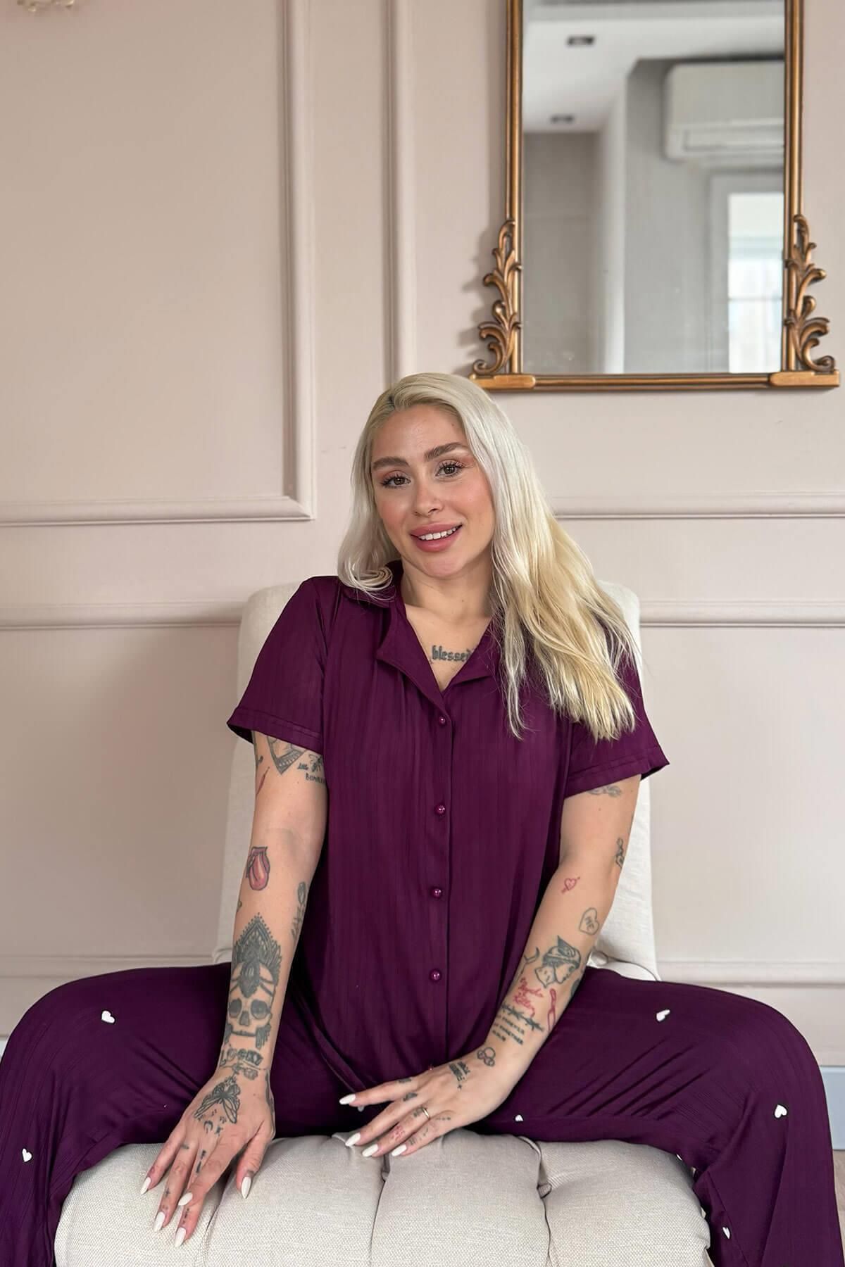 Pijamaevi-Plum Amour Patterned Front Buttoned Marlenka Pajama Set 2