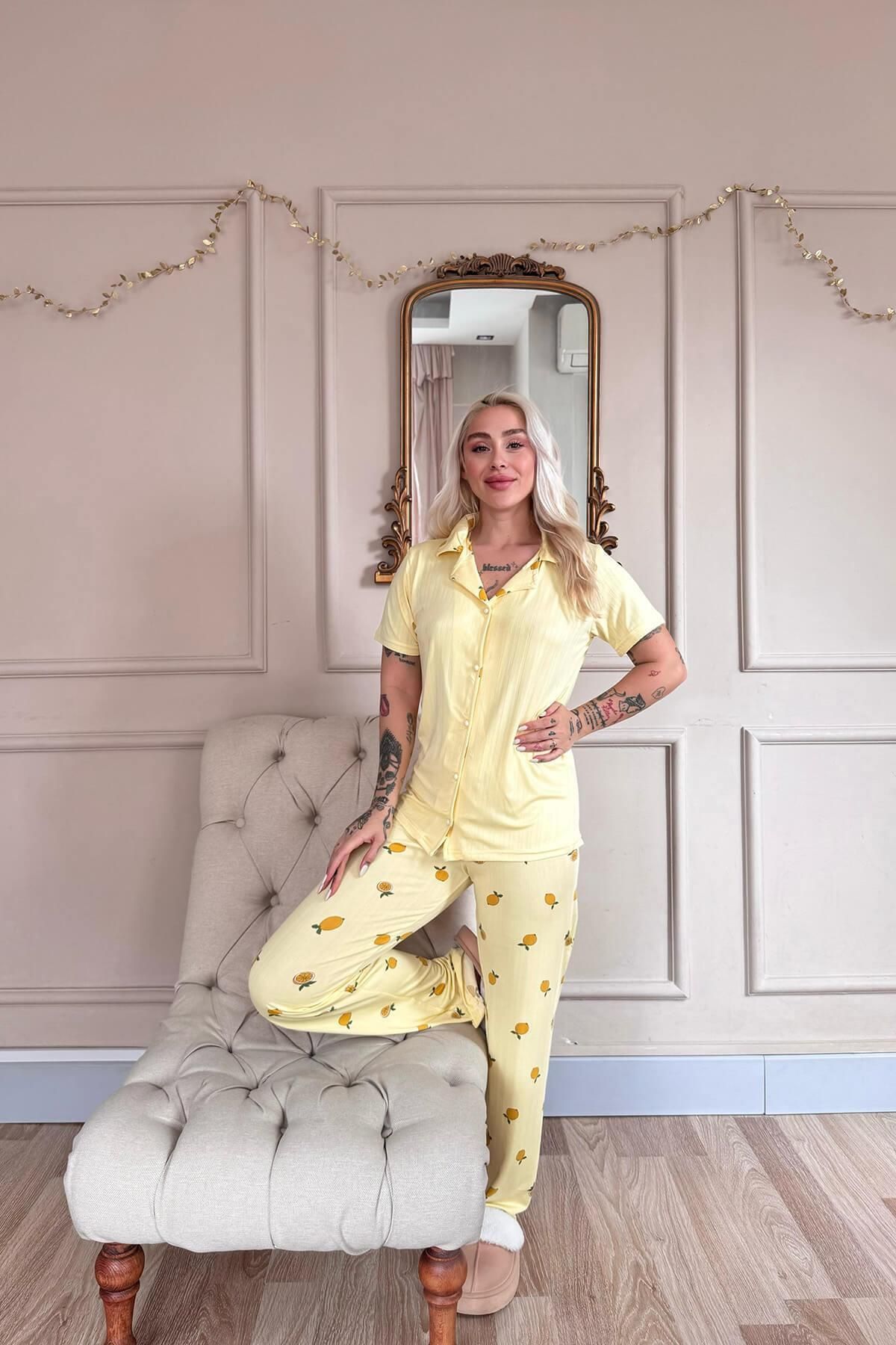 Pijamaevi-Yellow Citrus Charm Patterned Front Buttoned Marlenka Pajama Set 6