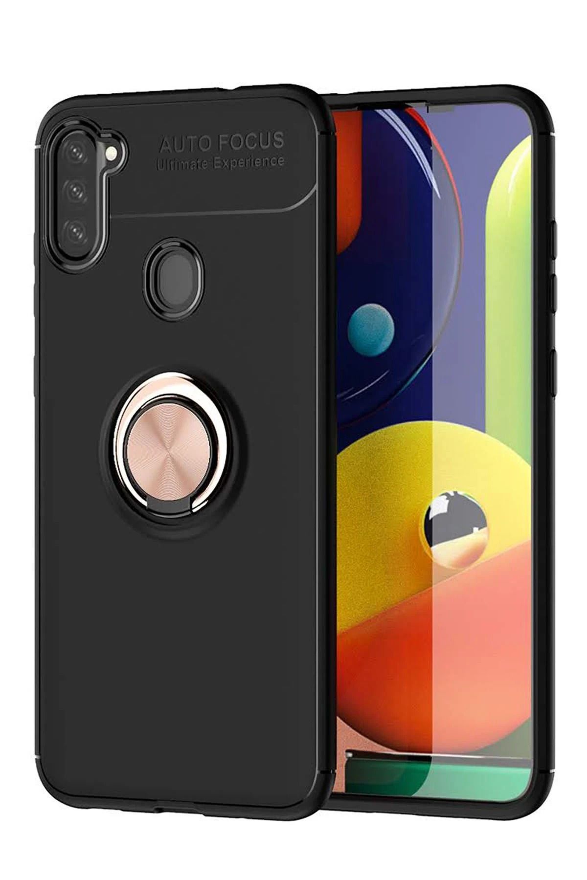 NewFace Samsung Galaxy A11 Kılıf Range Yüzüklü Silikon - Siyah-Gold JOJUA