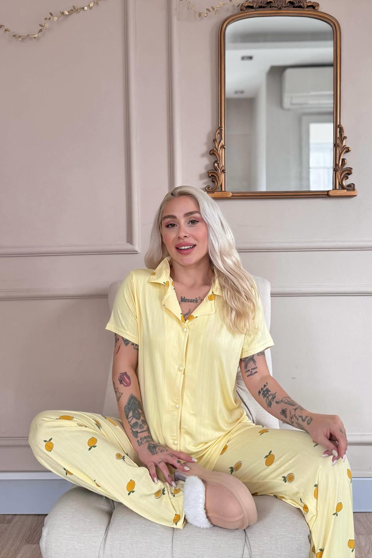 Pijamaevi-Yellow Citrus Charm Patterned Front Buttoned Marlenka Pajama Set 2