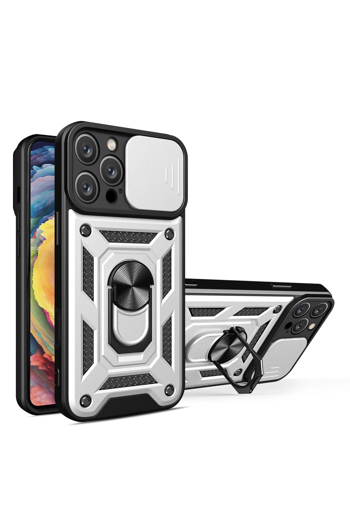 NewFace iPhone 16 Pro Kılıf Pars Lens Yüzüklü Silikon - Gümüş FLKRY
