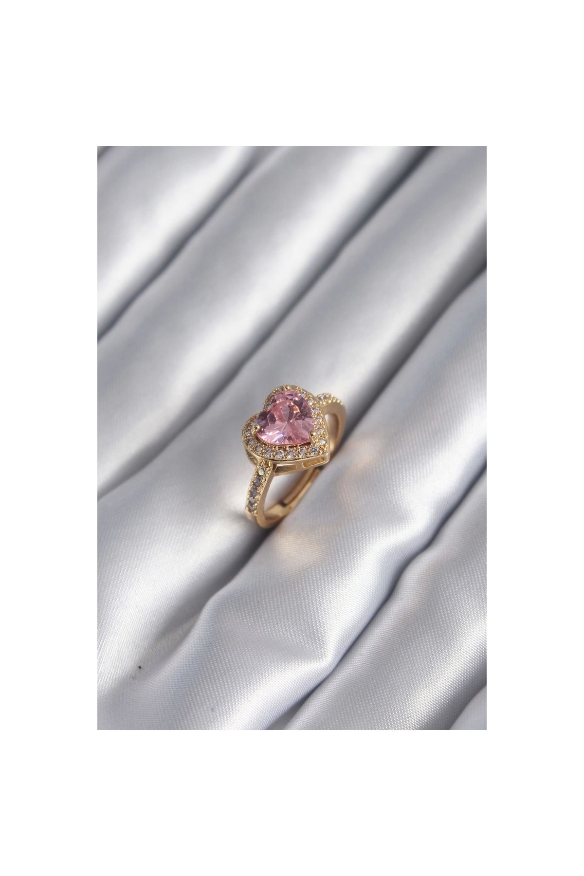 Marsilyan Pirinç Gold Renk Pembe Zirkon Taşlı Charm Kalp Model Kadın Yüzük - TJ-BYK2951