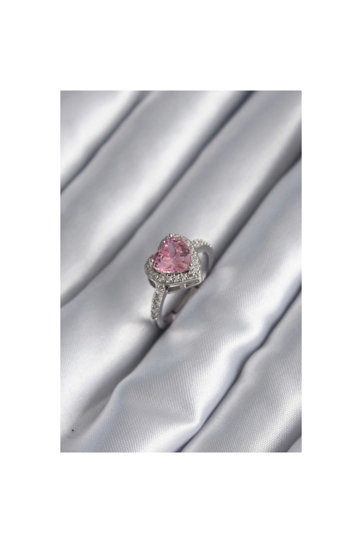 Marsilyan Gümüş Renk Pembe Zirkon Taşlı Charm Kalp Model Kadın Yüzük - TJ-BYK2950