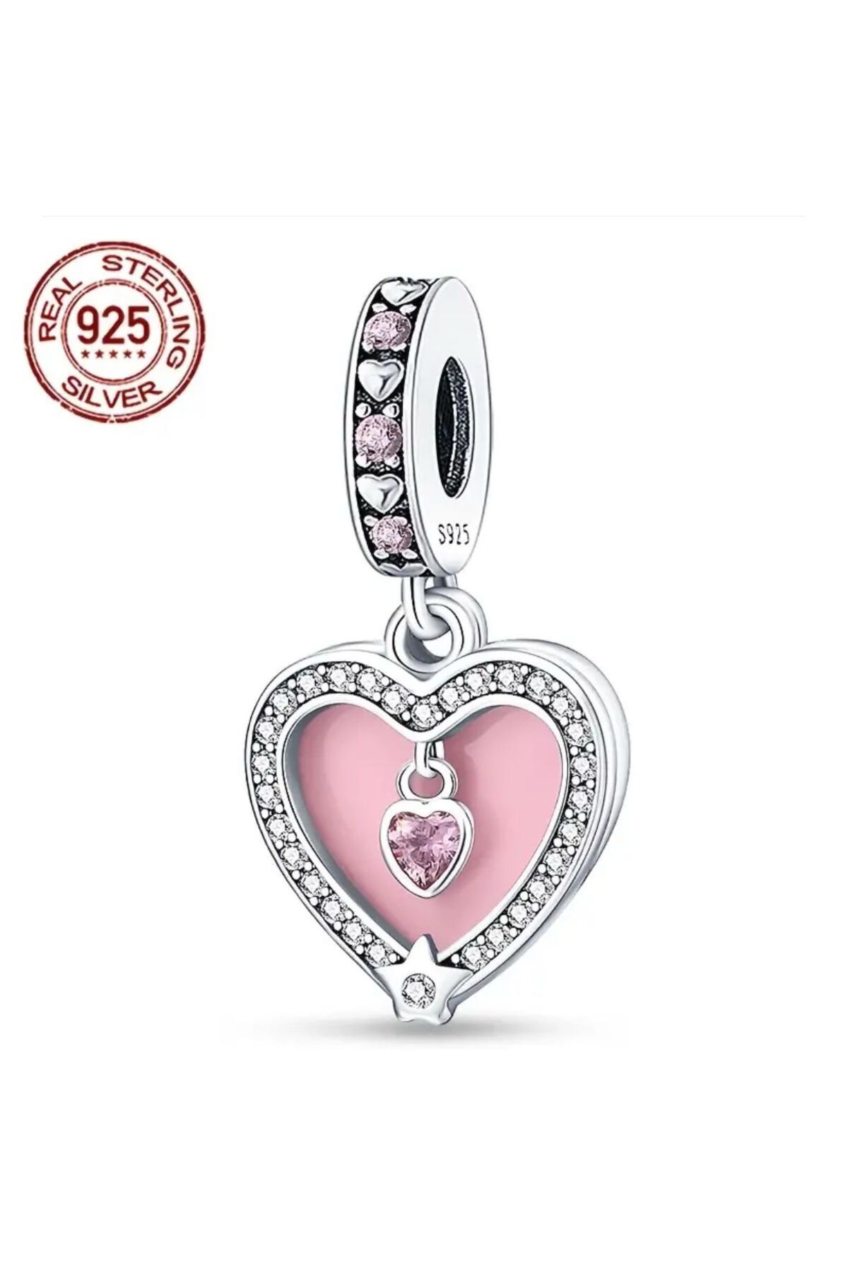 Tasarım CIELINE Pembe Kalp Yıldızı Charm - 925 Ayar Gümüş