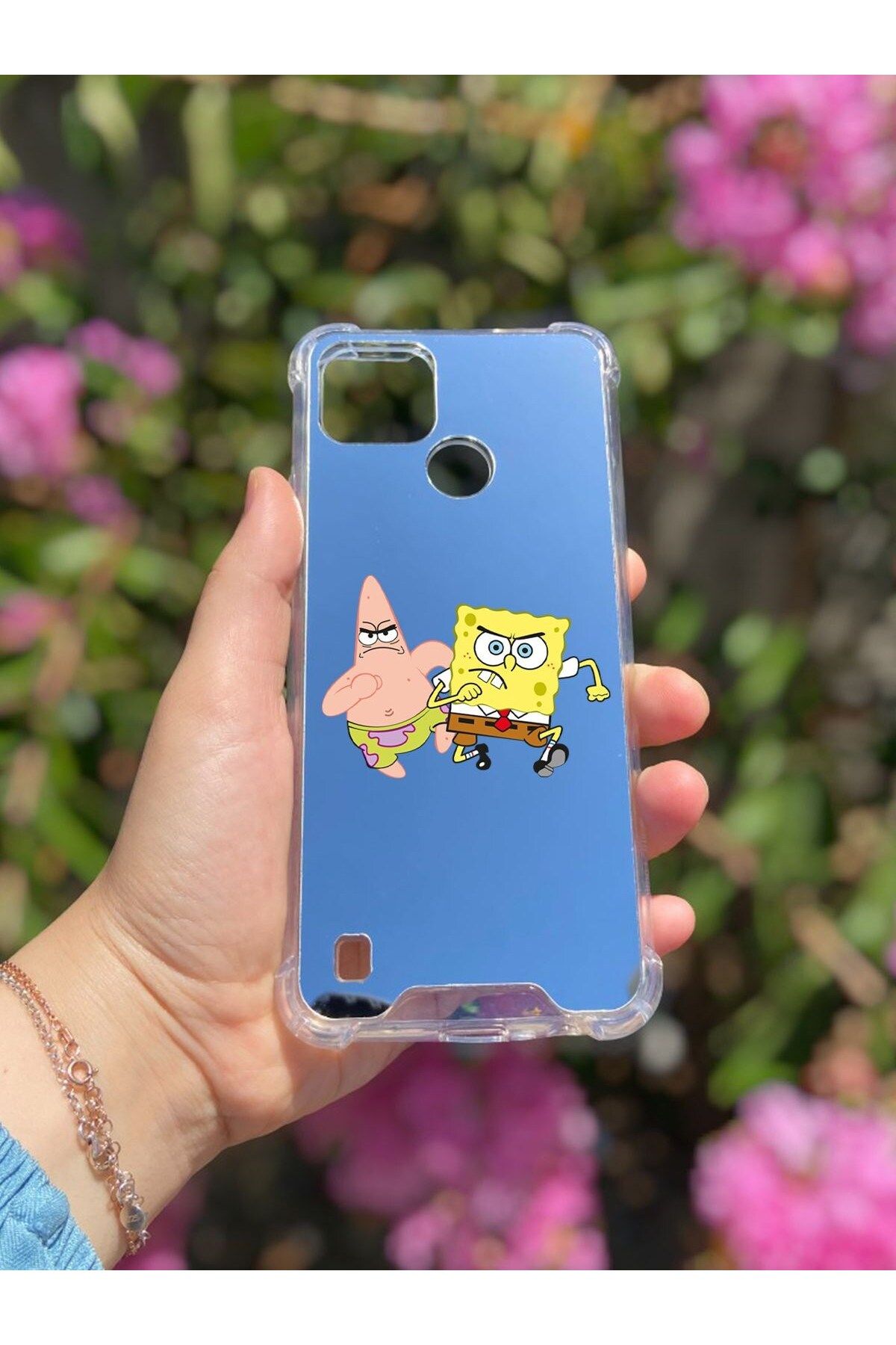 blueb Realme C21 Uyumlu Aynalı Sünger Bob Desenli Darbe Kamera Korumalı Silikon Telefon Kılıfı