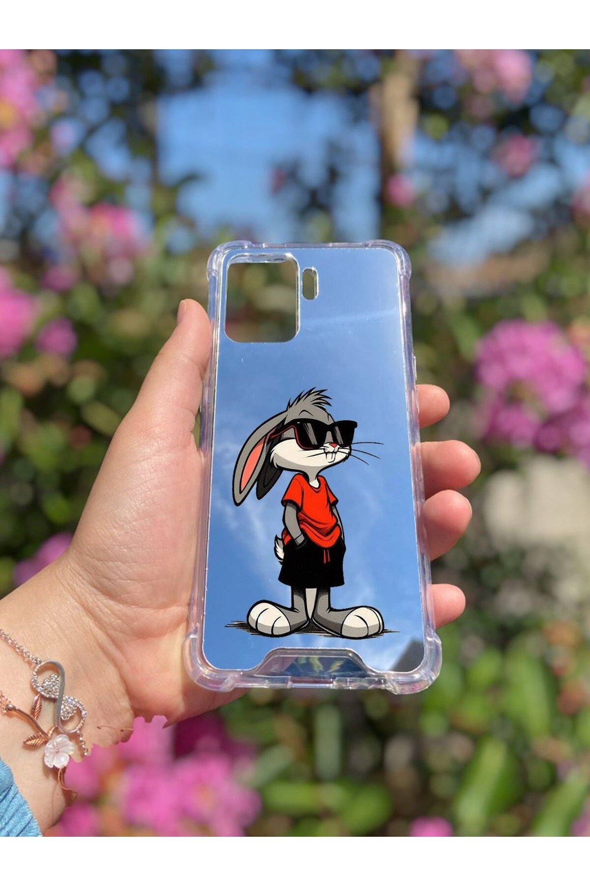 blueb Oppo Reno 5 Lite Uyumlu Aynalı Tavşan Desenli Darbe Kamera Korumalı Silikon Telefon Kılıfı