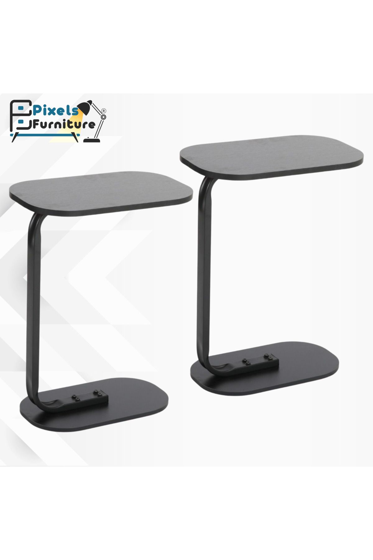 PixelsFurniture-مجموعة 2 طاولة جانبية من بكسل الأثاث على شكل C للأريكة والسرير، طاولة بقواعد معدنية صلبة 1