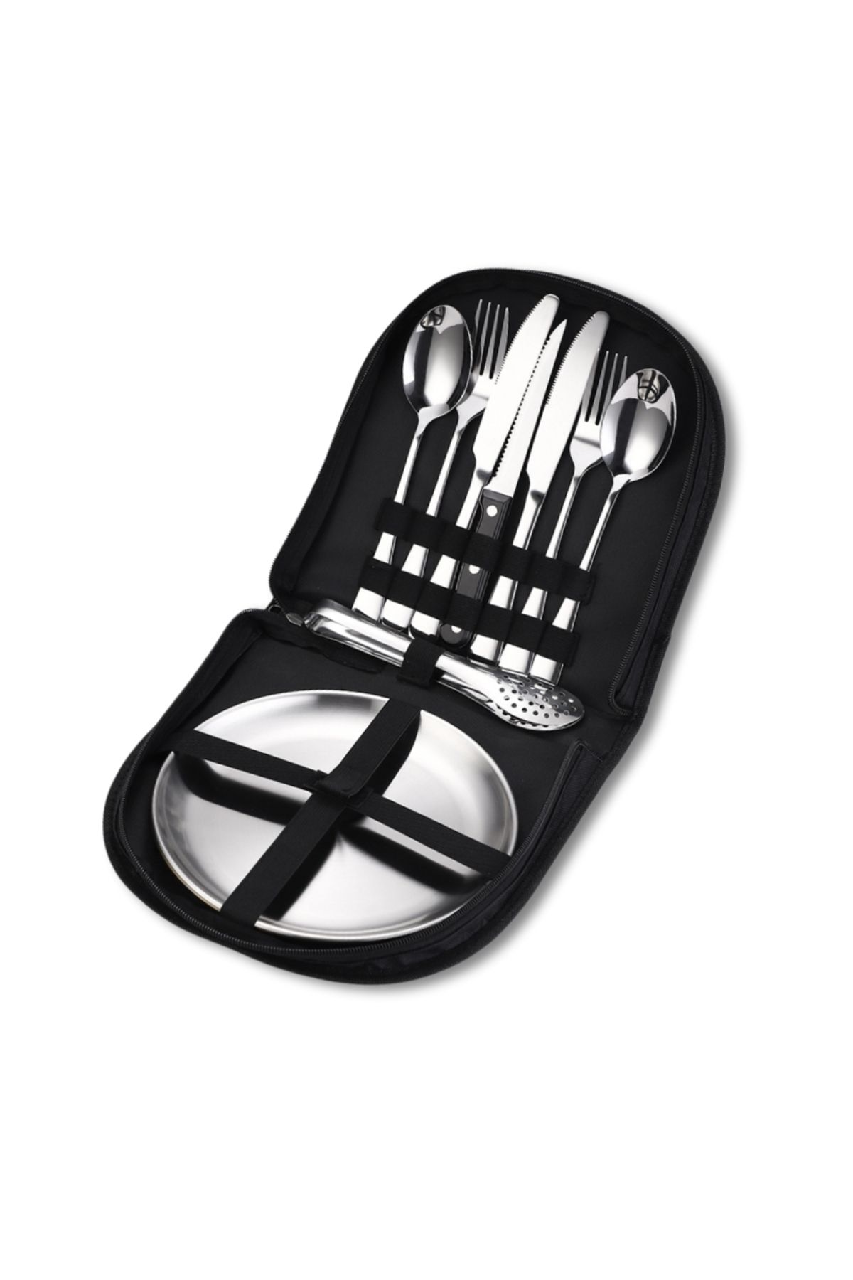 OEM Set Tacâmuri Și Farfurii Pentru Picnic, 10 Piese, Oțel Inoxidabil, Capac Negru - One Size