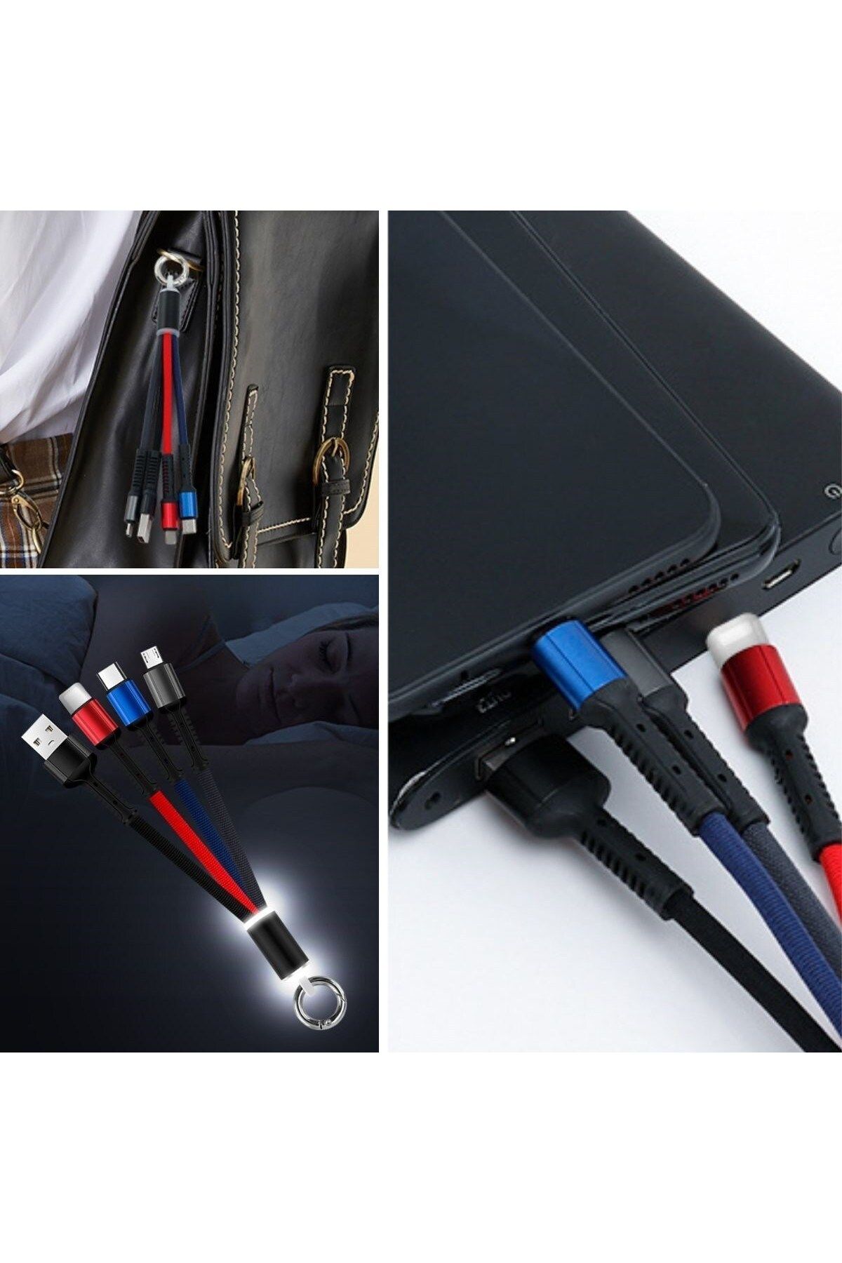 Nexora BUFFER® Işıklı Anahtarlık Model 3 in 1 USB Çıkışlı MİKRO,TYPE-C ve İphone Uyumlu Şarj Kablosu