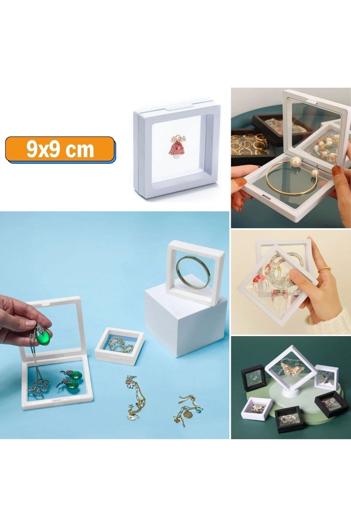blueb ® 9x9 cm Standlı 3D Takı Ziynet Hatıra Koleksiyon Saklama Kutusu Şeffaf Film Çerçevesi