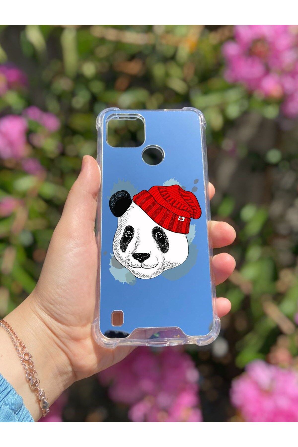 Nurum E Tİcaret Realme C21 Uyumlu Aynalı Panda Desenli Darbe Kamera Korumalı Silikon Telefon Kılıfı