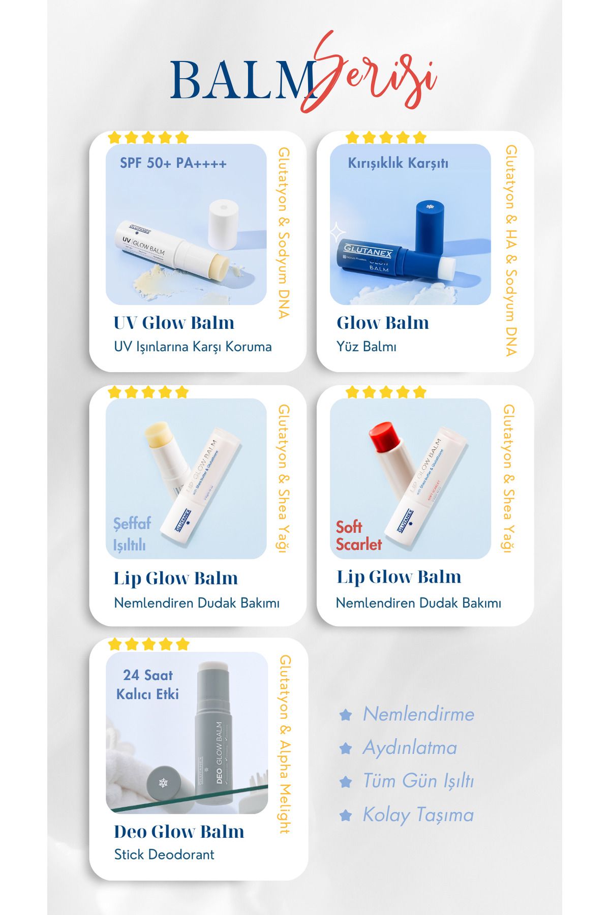 GLUTANEX Balm Serisi UV Koruyucu Nemlendirici Deodorant Dudak Balm Stick
