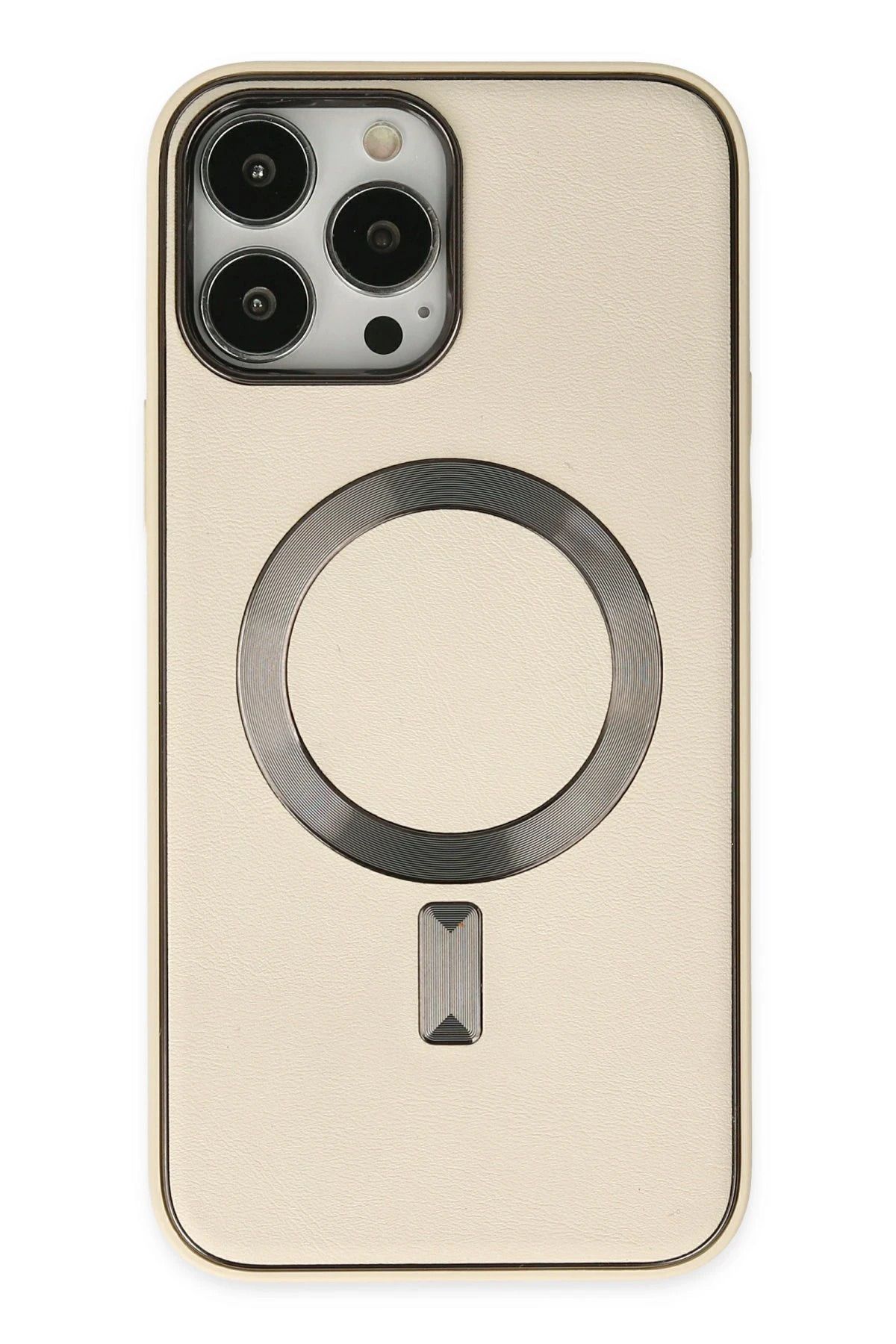 NewFace iPhone 13 Pro Max Kılıf Coco Deri Magneticsafe Silikon - Krem YNSMR
