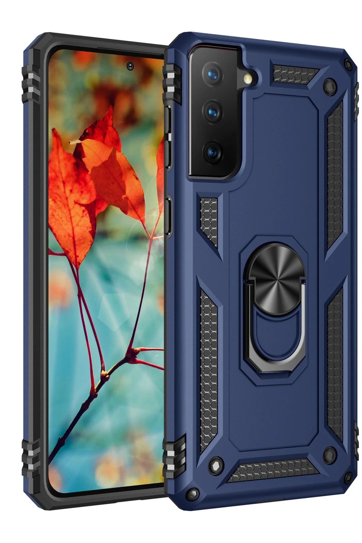 NewFace Samsung Galaxy S21 Kılıf Sofya Yüzüklü Silikon Kapak - Lacivert HNZRN
