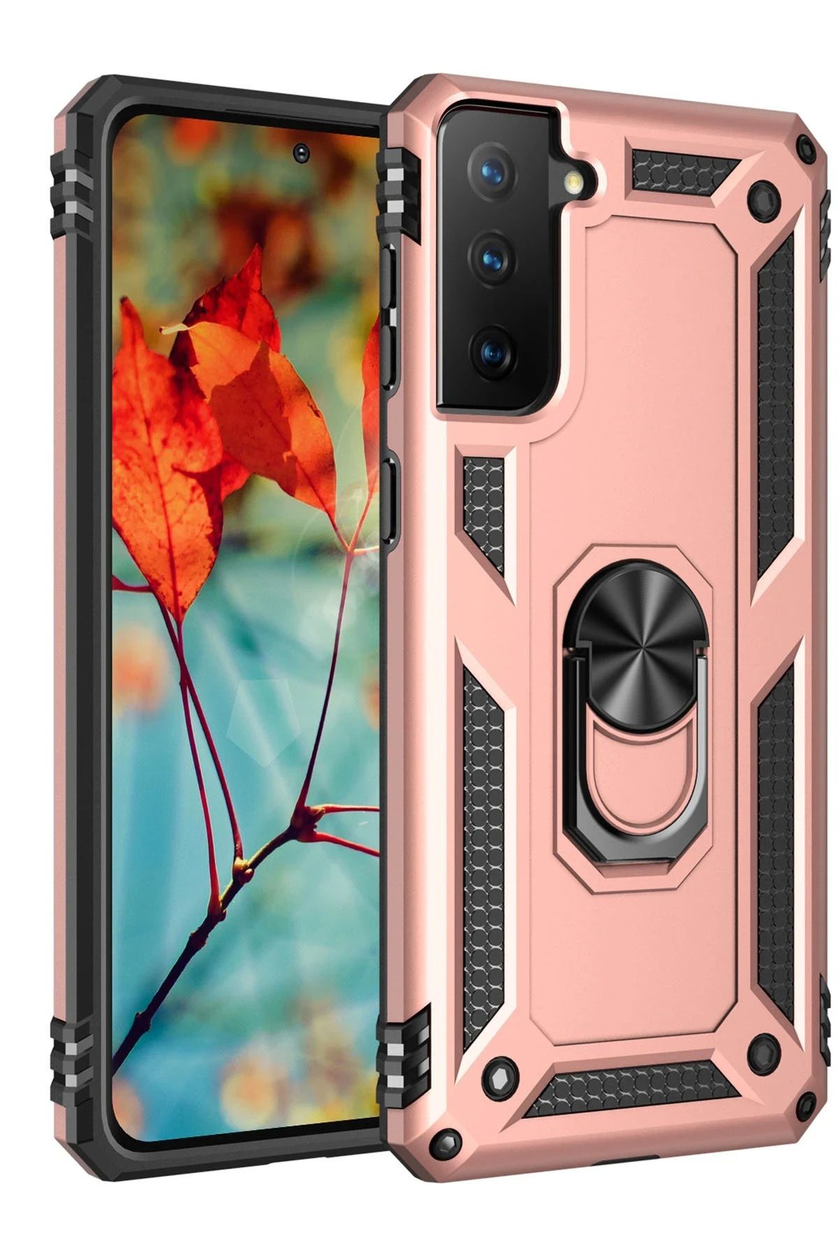 NewFace Samsung Galaxy S21 Kılıf Sofya Yüzüklü Silikon Kapak - Rose HNZRN