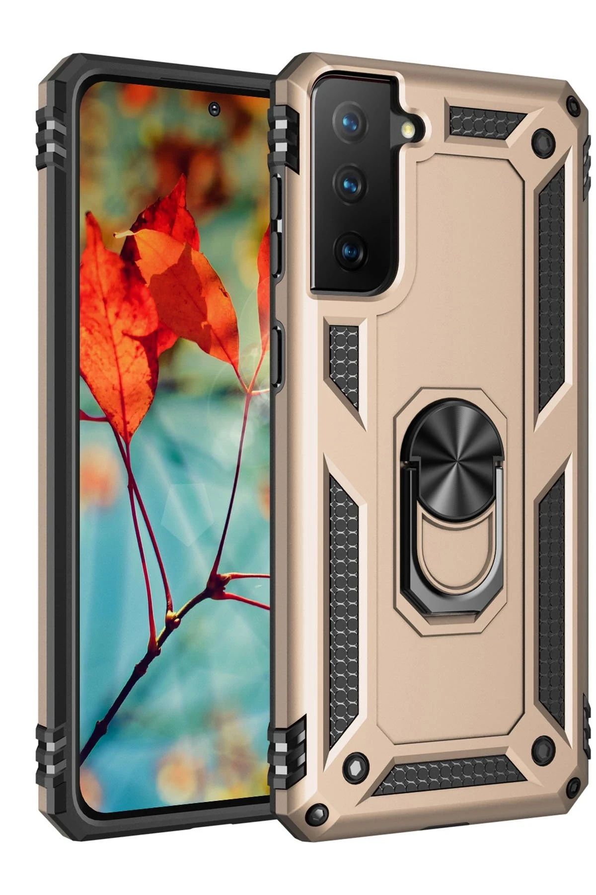 NewFace Samsung Galaxy S21 Kılıf Sofya Yüzüklü Silikon Kapak - Gold HNZRN