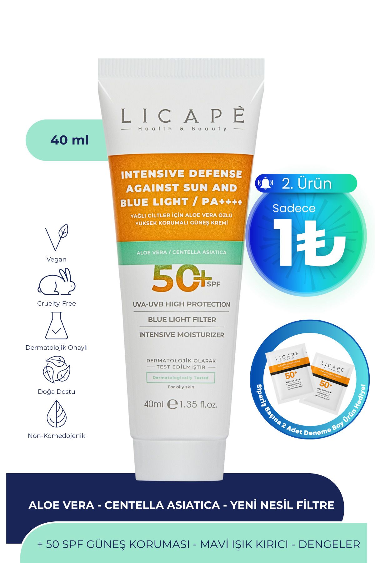 Licape Yağlı Ciltler İçin Aloe Vera Özlü Yüksek Korumalı +50 Faktör Güneş Kremi 40ml
