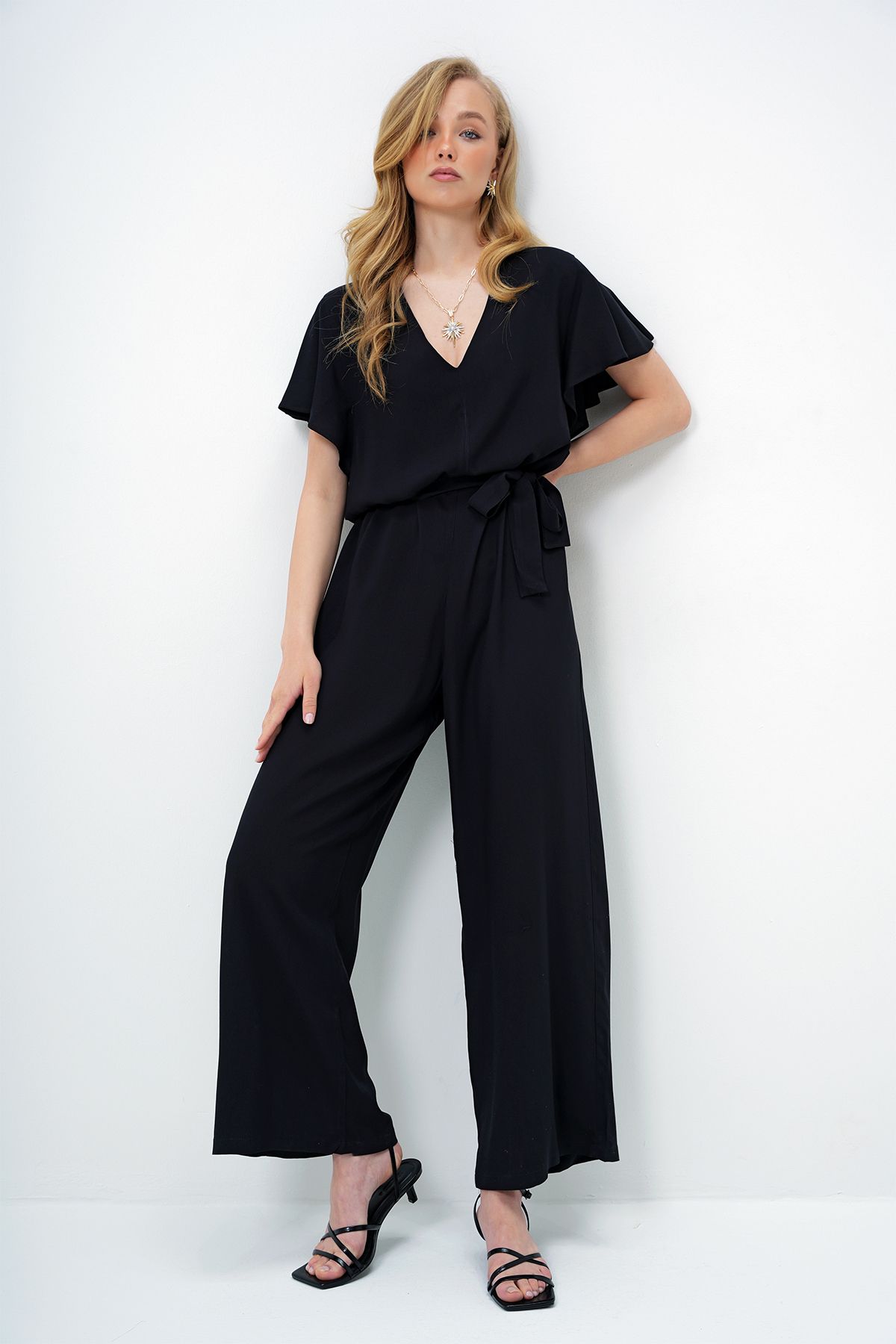 Trend Alaçatı Stili-Women's Black V-Neck Flared Sleeves Self Belted Woven Summer Jumpsuit Alc-X13787 6