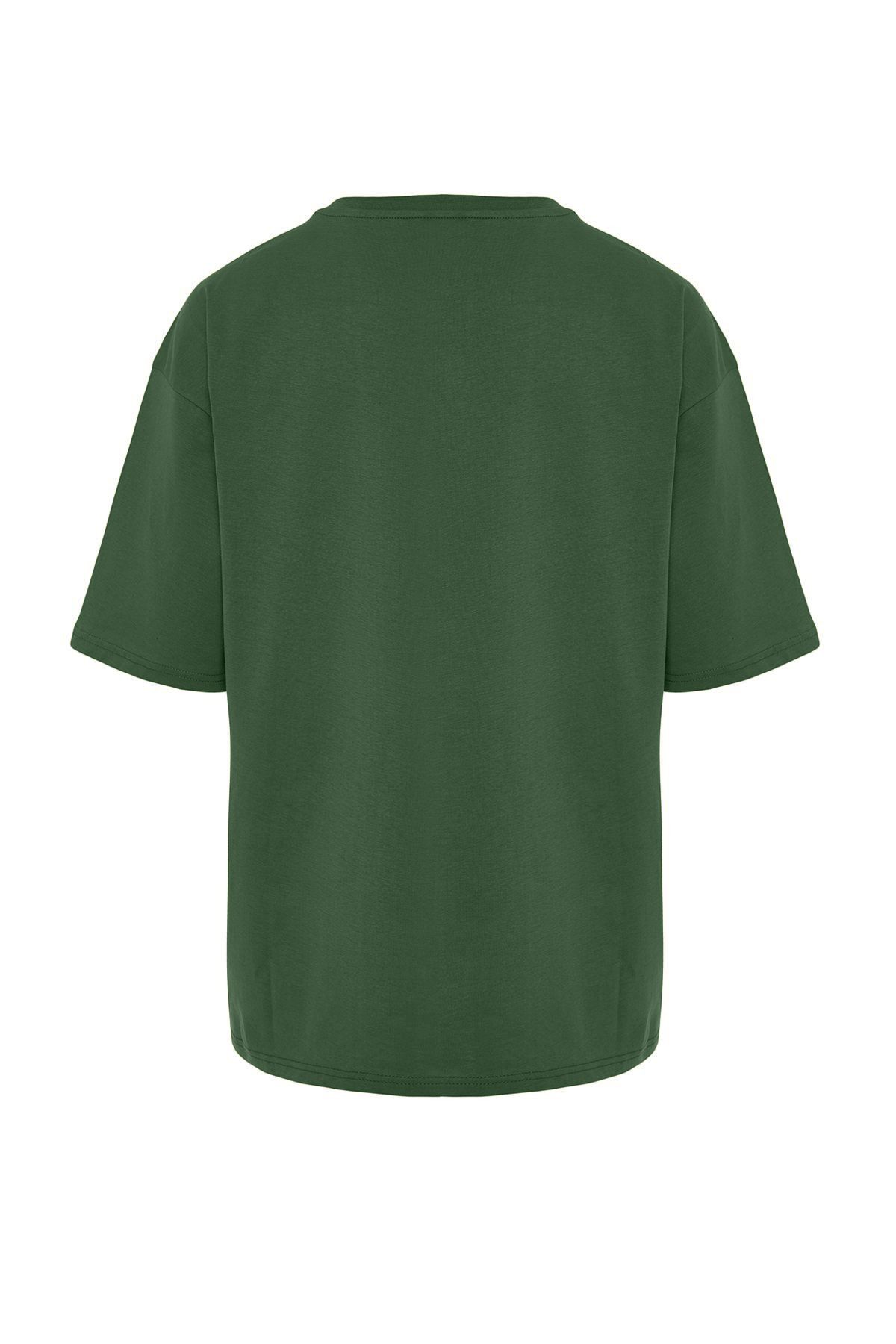 Trendyol Collection-Khakifarbenes Oversize-T-Shirt aus 100 % Baumwolle. Basic-Kurzarm 9