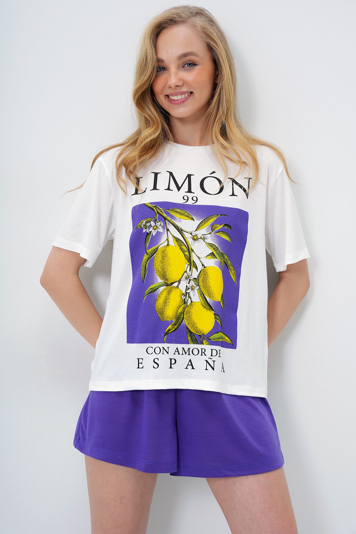 Trend Alaçatı Stili Damski Fioletowy Cytrynowy Drukowany Bawełniany Podstawowy Zestaw Piżamowy T-shirt I Szorty Kobieta - 36