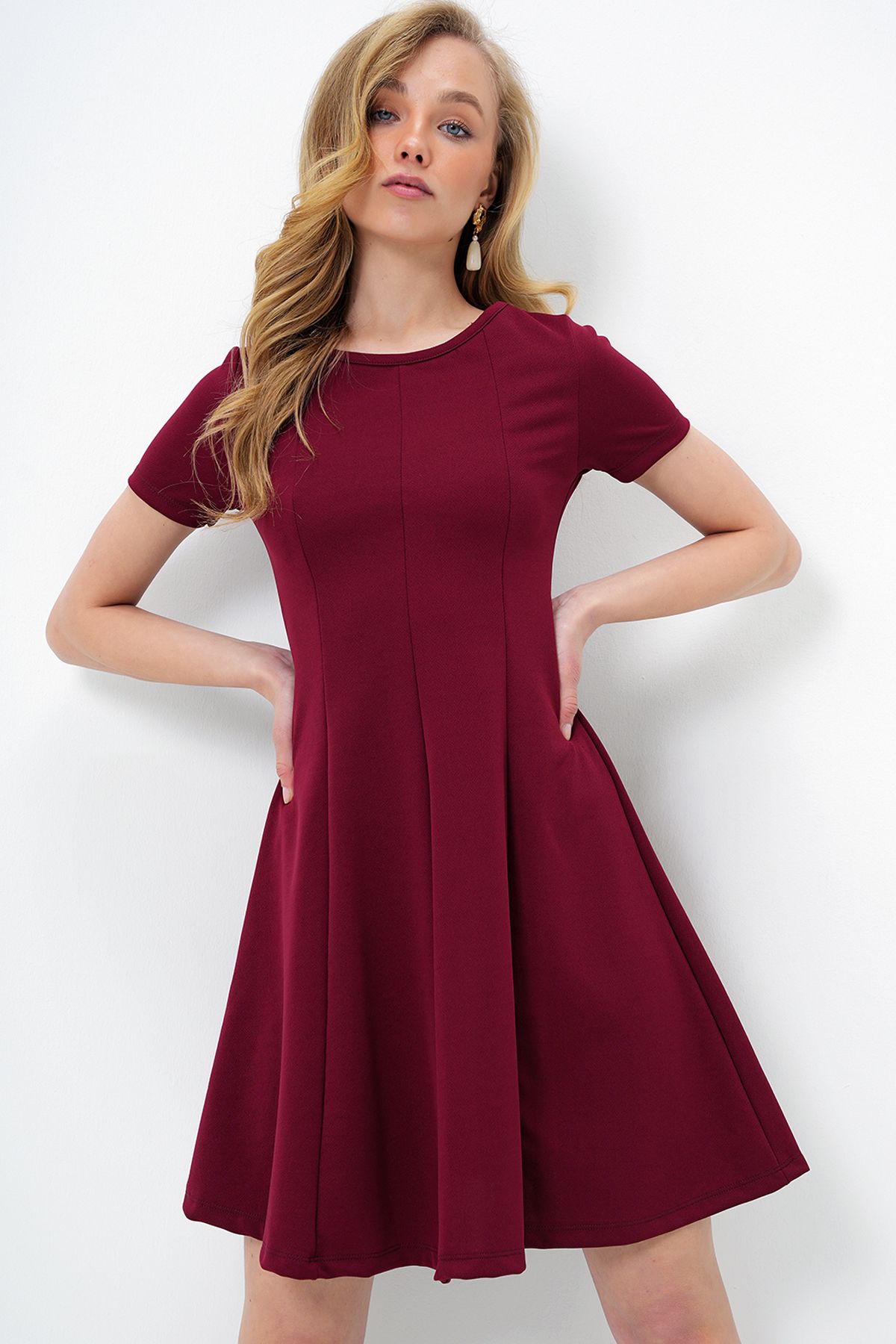 Kadın Bordo Bisiklet Yaka Parçalı Örme Krep Midi Boy Elbise ALC-X14070