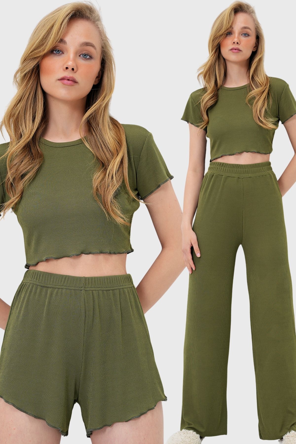 Trend Alaçatı Stili Damski Khaki Bluzka Z Okrągłym Dekoltem, Spodenki I Spodnie 3-częściowy Zestaw Piżamowy Kobieta - 38