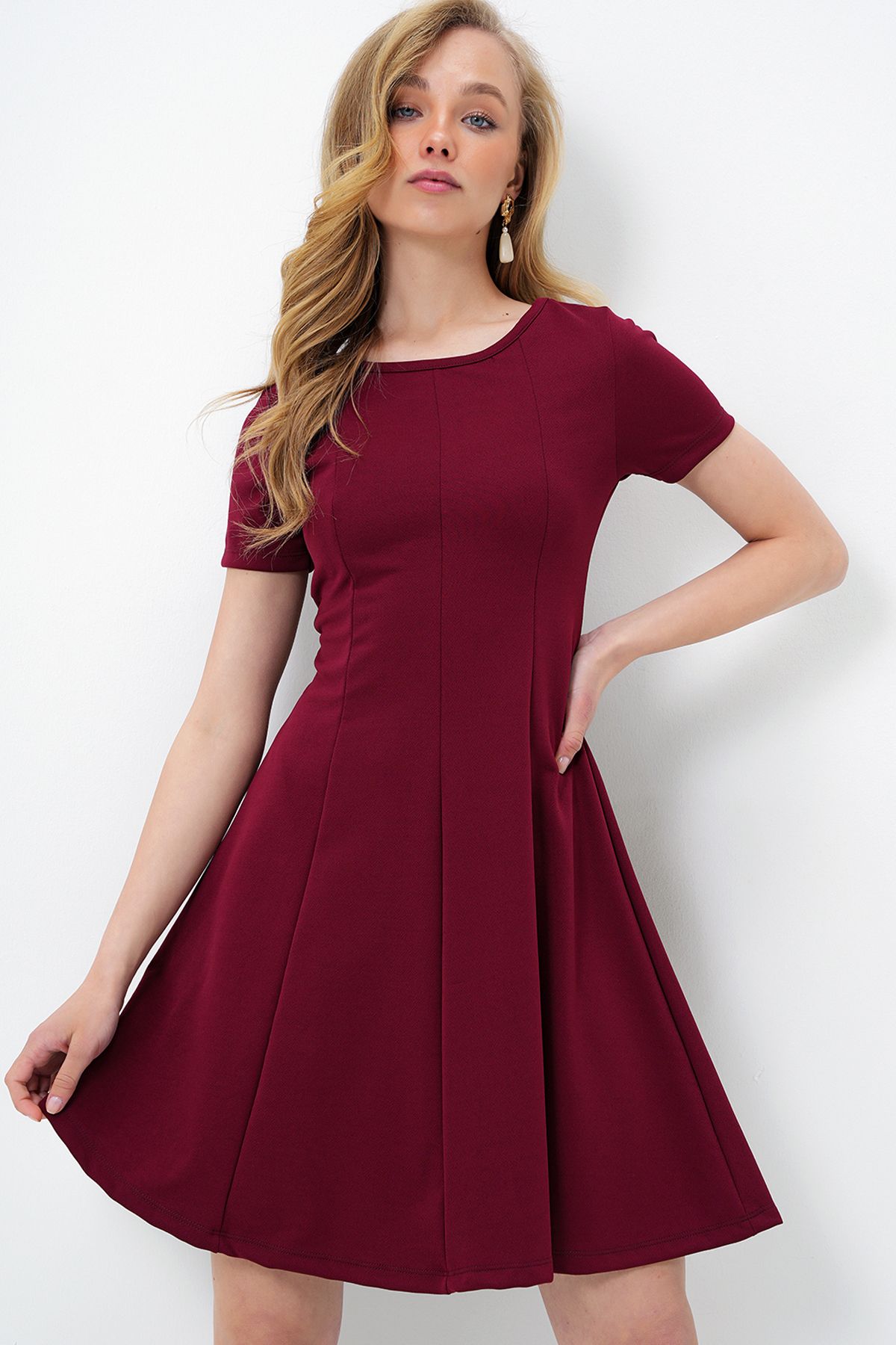 Kadın Bordo Bisiklet Yaka Parçalı Örme Krep Midi Boy Elbise ALC-X14070