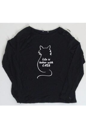 Kadın Uzun Kollu Hafif / Life Is Better With Cats Siyah Tshirt TS665