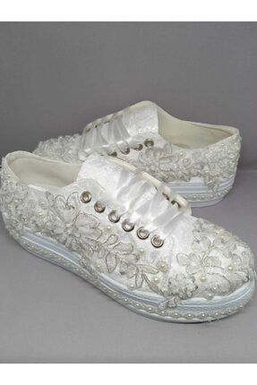 Beyaz Kalın Tabanlı Dantelli Taşlı Gelinlik Ayakkabısı GN02