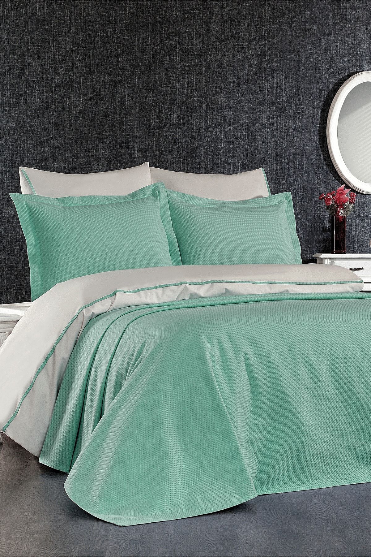 Minelya Home Collection Set Cuvertură De Pat Din 7 Piese Pique Mimosa Dublu Verde Mentă - One Size