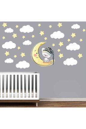 Uyuyan Kedicik Beyaz Bulutlar Ve Soft Sarı Yıldızlar Xxl Çocuk Odası Dev Duvar Sticker KTM8890629