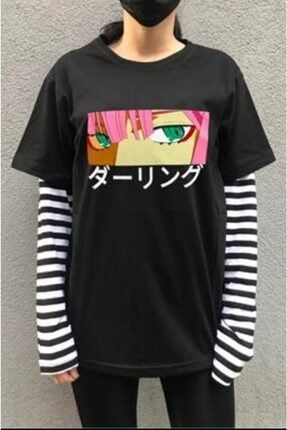 Nefigo Anime Darling In The Franxx Zero Two Eyes Siyah Çizgili Kollu Unisex T-shirt nfgztekt
